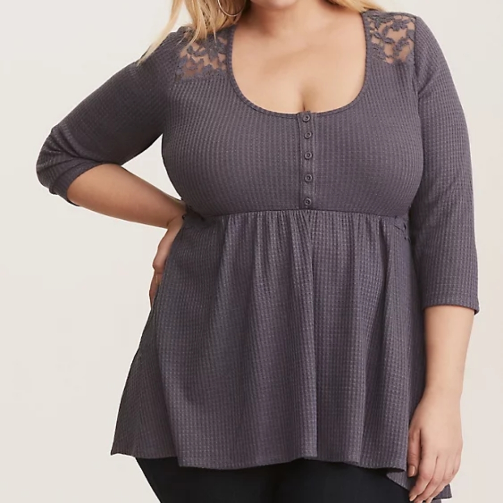 Grey Lace Waffle Knit Babydoll Top